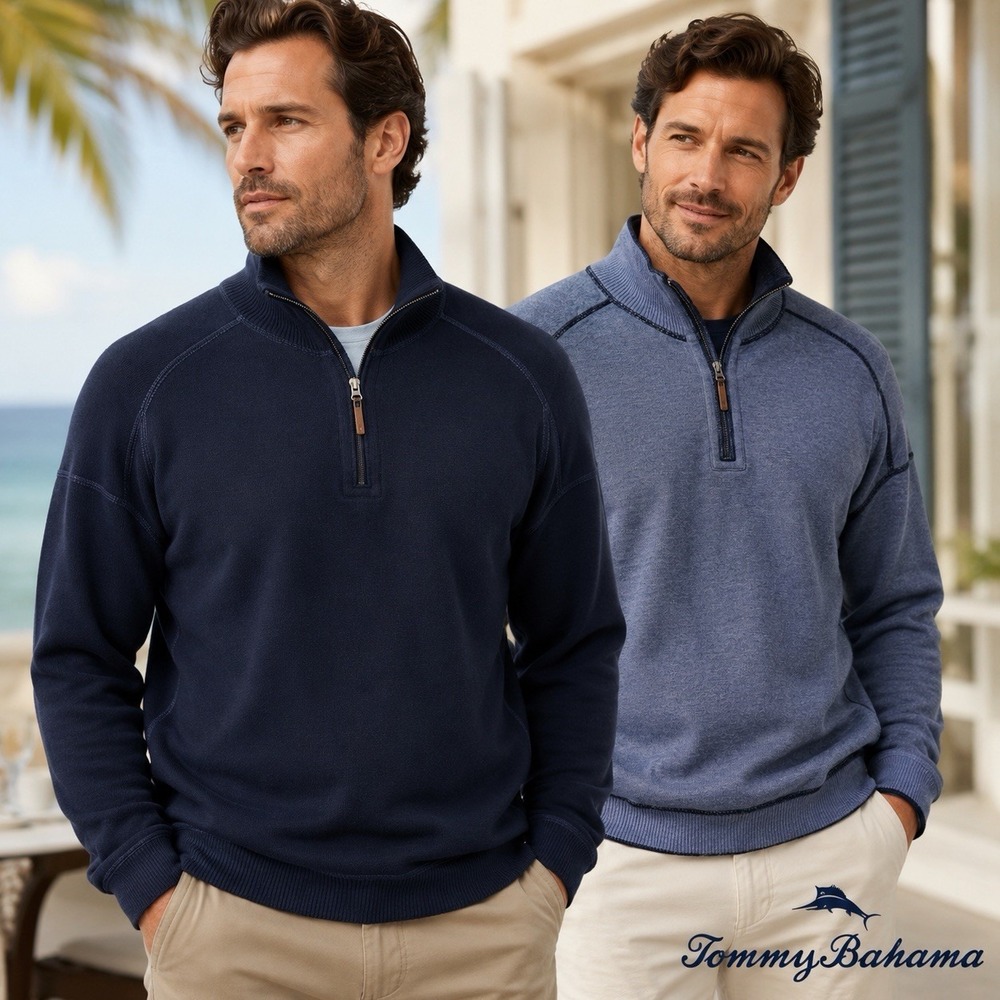 Tommy Bahama Reversible 1/4 Zip Sweater Men's XL Navy Blue Knit Pullover Cotton